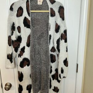 BP Leopard Print Open-Front Cardigan in Black, Brown, and Cream